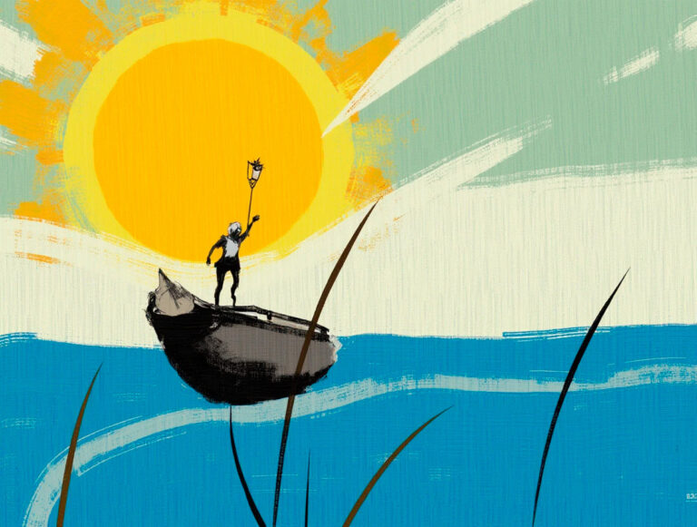 En ai-generad illustration av en båt på en blå sjö med en sol i bakgrunden.